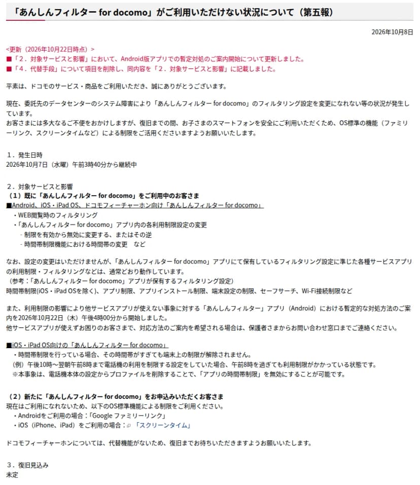 NTTドコモのお知らせ「「あんしんフィルター for docomo」がご利用いただけない状況について(第五報)」、2026年10月8日、10月22日時点の更新。委託先のデータセンターのシステム障害で、フィルタリングの設定を変更できないなどの状況が起きていて、復旧までOS標準の機能(ファミリーリンク、スクリーンタイムなど)で制限するよう求めている。発生日時は2026年10月7日(水曜)午前3時40分から継続中。WEB閲覧時のフィルタリングとアプリ内の利用制限の設定の変更が使えないが、アプリに保存してある設定に準じた利用制限は通常どおり動作していること、Android版アプリで他サービスアプリが使えない事象への暫定の対処の案内を10月22日午後4時から始めたこと、iOS・iPadOS向けでは時間帯制限の時間を過ぎても制限が解除されず、本体の設定からプロファイルを削除すると時間帯制限を無効にできること、新たに申し込む人はAndroidはGoogle ファミリーリンク、iPhone・iPadはスクリーンタイムを使うこと、ドコモのフィーチャーホンには代替機能がないこと、復旧見込みは未定であることが書かれている