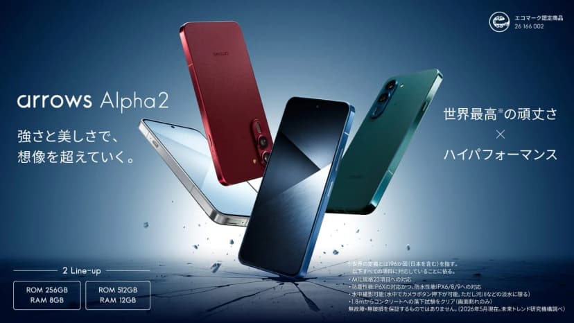 arrows Alpha2が4台、宙に浮くように並ぶ。左からホワイト、レッド、インディゴ、ブルーグリーンで、レッドとブルーグリーンは背面、ホワイトとインディゴは画面の側が見える。左に「arrows Alpha2 強さと美しさで、想像を超えていく。」、右に「世界最高※の頑丈さ × ハイパフォーマンス」、左下に「2 Line-up ROM 256GB RAM 8GB／ROM 512GB RAM 12GB」、右上に「エコマーク認定商品 26 166 002」の文字がある。右下の注記には、世界の定義とは196か国（日本を含む）を指す、MIL規格23項目への対応、防塵性能IP6Xの対応かつ防水性能IPX6/8/9への対応、水中撮影可能（水中でカメラボタン押下が可能。ただし河川などの淡水に限る）、1.8mからコンクリートへの落下試験をクリア（画面割れのみ）、無故障・無破損を保証するものではありません（2026年5月現在。未来トレンド研究機構調べ）と書かれている