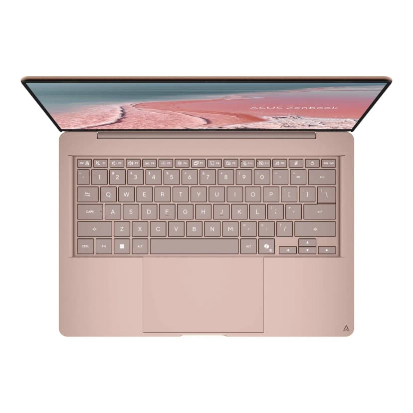 上から見たコモドコーラル色のZenbook 14のキーボードとタッチパッド