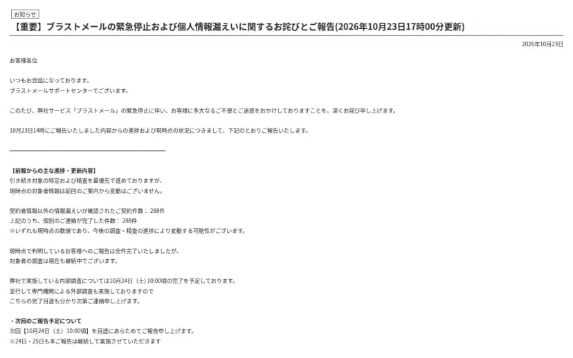 ブラストメールのお知らせのページ。題は「【重要】ブラストメールの緊急停止および個人情報漏えいに関するお詫びとご報告(2026年10月23日17時00分更新)」。10月23日14時の報告からの進捗として、対象者の情報に変動はないこと、契約者情報以外の情報漏えいが確認された契約件数が288件で、そのうち個別の連絡が完了した件数が288件であること、内部調査は10月24日10時ごろに完了予定で、専門機関による外部調査もしていること、次の報告は10月24日10時ごろの予定であることが書かれている