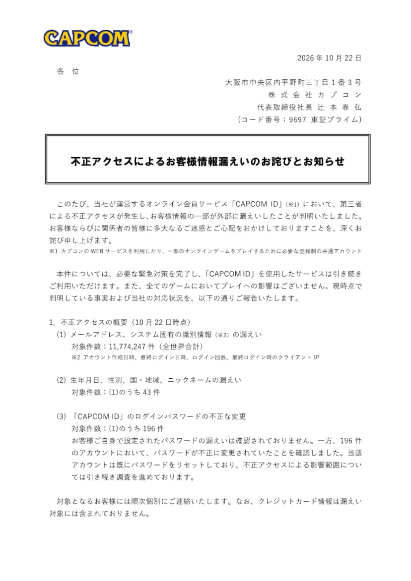 株式会社カプコンの2026年10月22日付の発表「不正アクセスによるお客様情報漏えいのお詫びとお知らせ」の1ページ目。差出人は大阪市中央区内平野町三丁目1番3号の株式会社カプコン。オンライン会員サービスCAPCOM IDに第三者の不正アクセスがあり、メールアドレスとシステム固有の識別情報が11,774,247件(全世界合計)、生年月日・性別・国・地域・ニックネームがそのうち43件漏えいし、196件でログインパスワードが不正に変更されていたこと、利用者が設定したパスワードの漏えいは確認されていないこと、クレジットカード情報は漏えい対象に含まれないことが書かれている