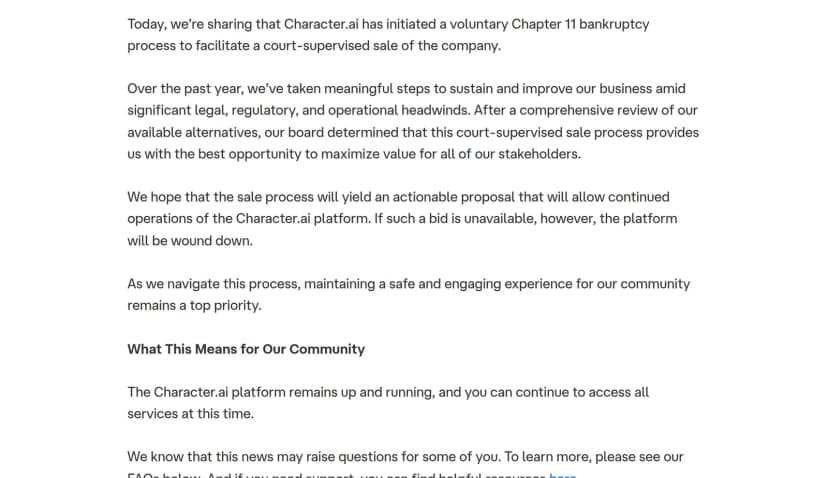 Character.AIの公式ブログの本文。Character.aiが自主的なChapter 11の手続きに入ったこと、裁判所の監督下での売却をめざすこと、継続運営の買い手が見つからなければプラットフォームは終了すること、手続き中もアプリは動いて通常どおり使えること、が英語で書かれている