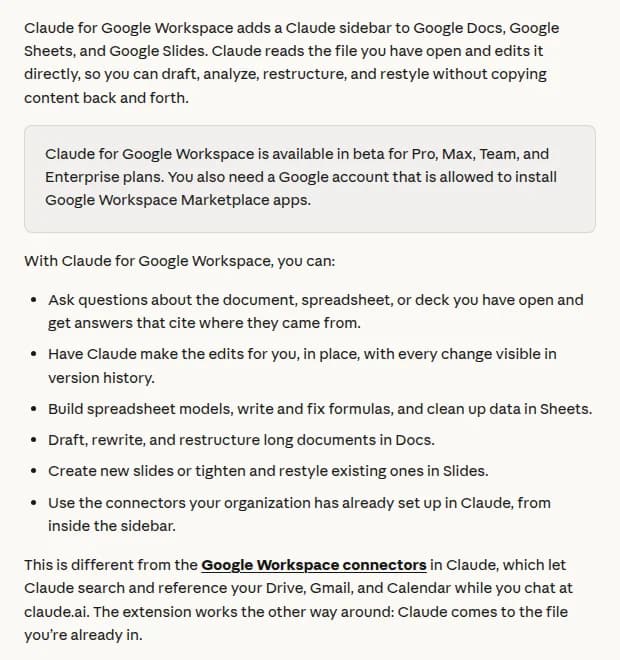ClaudeのヘルプのGoogle連携の記事の冒頭。Claude for Google Workspaceは、Pro、Max、Team、Enterpriseのプランでベータ版として提供されると書かれた囲みと、質問・編集・数式・文書の下書き・スライドの作成などの箇条書きが並ぶ
