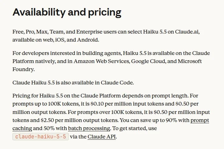 Claude Haiku 5.5の提供場所と料金の説明。Claude.aiでFree・Pro・Max・Team・Enterpriseの利用者が選べること、Claude Platform、AWS、Google Cloud、Microsoft Foundryで使えること、料金が入力100万トークンあたり$0.10・出力$0.50であることが書かれている