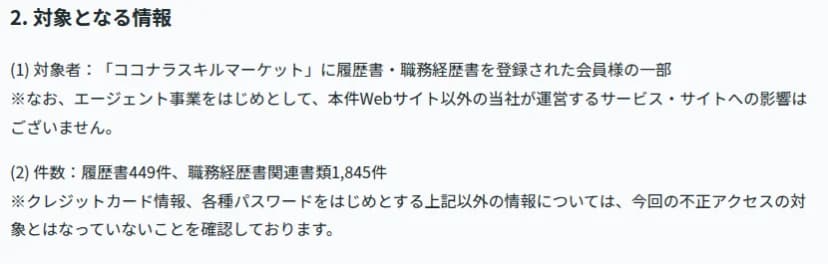 ココナラのお知らせの対象となる情報の部分。対象者はココナラスキルマーケットに履歴書・職務経歴書を登録された会員の一部。本件以外のサービスへの影響はない。件数は履歴書449件、職務経歴書関連書類1,845件。クレジットカード情報、各種パスワードなどは対象となっていない