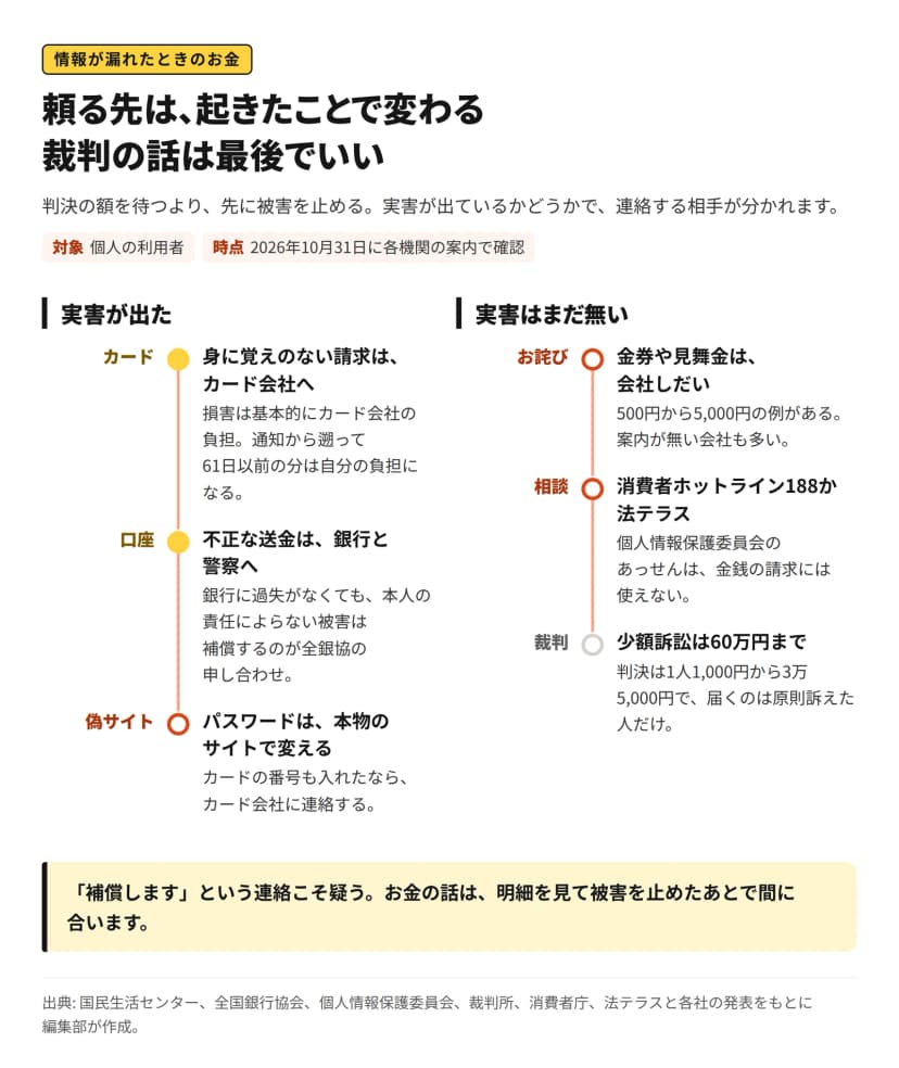 題は「頼る先は、起きたことで変わる 裁判の話は最後でいい」。左の列は実害が出た場合で、身に覚えのないカードの請求はカード会社へ、不正な送金は銀行と警察へ、偽サイトにパスワードを入れたら本物のサイトで変える。右の列は実害がまだ無い場合で、金券や見舞金は会社しだいで500円から5,000円の例がある、相談は消費者ホットライン188か法テラス、裁判は少額訴訟が60万円までで判決は1人1,000円から3万5,000円。下の帯に「補償します」という連絡こそ疑う、とある