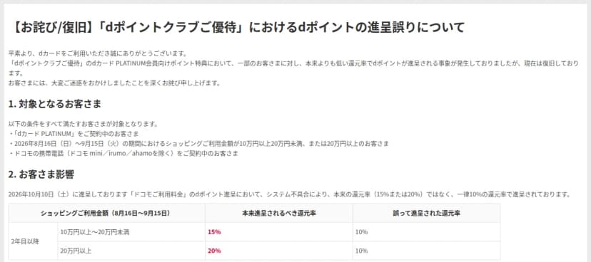 dカードのお詫びのページ。dポイントクラブご優待のdカード PLATINUM会員向け特典で、対象の条件と、2026年10月10日の付与で本来15%または20%の還元率が一律10%になっていたことを示す表