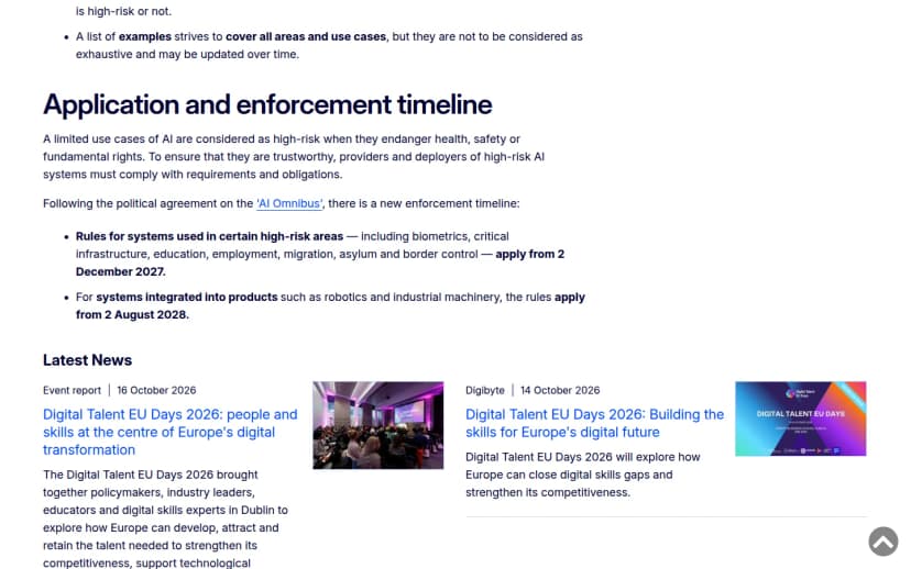 欧州委員会のウェブサイトの高リスクAIシステムのガイドラインのページの「Application and enforcement timeline」の部分。AI Omnibusの政治合意を受けた新しい時期として、生体認証、重要インフラ、教育、雇用、移民・難民・国境管理などの分野のシステムは2027年12月2日から、ロボットや産業機械などの製品に組み込まれたシステムは2028年8月2日から決まりが適用されると書かれている