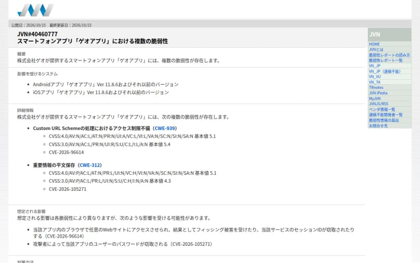 JVN(JPCERT/CC・IPA)の脆弱性情報ページ。タイトルは『JVN#40460777 スマートフォンアプリ「ゲオアプリ」における複数の脆弱性』。アプリ起動リンクの処理の問題でフィッシングにつながるおそれ(CVE-2026-96614)と、重要情報を暗号化せず保存していてパスワードが盗まれる可能性(CVE-2026-105271)があり、11.8.6以前が影響を受け、11.8.8以降で修正されたことが記載されている