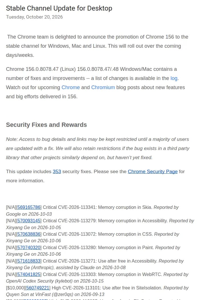 GoogleのブログChrome Releasesの記事「Stable Channel Update for Desktop」(2026年10月20日)。Chrome 156をWindows、Mac、Linux向けの安定版にし、数日から数週間かけて配ること、版はLinuxが156.0.8078.47、WindowsとMacが156.0.8078.47と48であること、多くの利用者が更新するまで不具合の詳細を公開しない場合があること、今回の更新に353件のセキュリティの修正が入っていることが書かれ、その下にCriticalのCVE-2026-113341(Skiaのメモリ破損)などの一覧が並んでいる