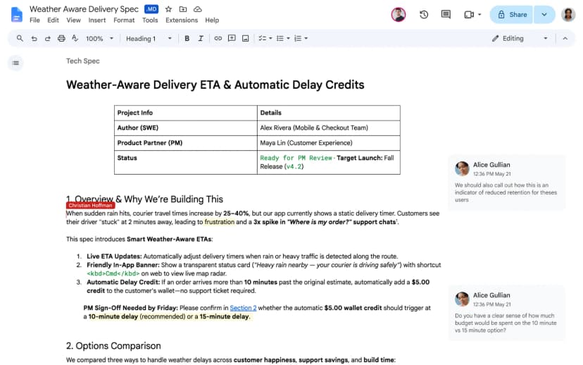 Googleドキュメントの編集画面。題の「Weather Aware Delivery Spec」の横に青い「.MD」のタグが付いている。本文には大きな見出し、Project InfoとDetailsの2列の表、番号付きの箇条書き、太字や下線付きのリンクが整った形で表示され、右側にはほかの利用者が付けたコメントが2つ並ぶ。右上には共有のボタンと、一緒に開いている利用者のアイコンがある