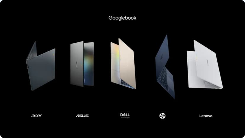 黒い背景の上のほうに「Googlebook」の文字がある。その下に、少し開いたノートパソコンが5台、宙に浮くように斜めに並ぶ。左から濃い灰色、銀色、淡い金色、紺色、白の本体で、天板の端に小さな色つきの線が見える機種もある。それぞれの下に、左から acer、ASUS、DELL Technologies、hp、Lenovo のロゴが並ぶ