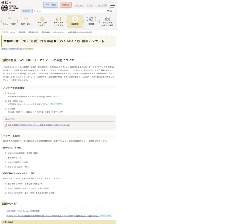 姫路市のページ「令和8年度(2026年度)地域幸福度(Well-Being)指標アンケート」。ID34309、更新日2026年10月13日。調査名称、WEB回答、受付期間(令和8年10月13日から令和9年1月4日まで)、案内チラシ、標準モデル50問と独自11問の設問の内訳が書かれている