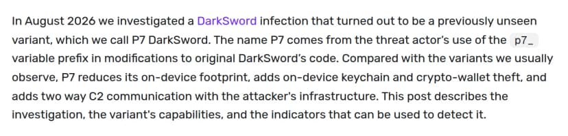 iVerifyの投稿の冒頭の英文。2026年8月にDarkSwordの感染を調べ、未知の変種P7 DarkSwordと名づけたこと、端末上の痕跡の削減、キーチェーンと暗号資産ウォレットの窃取、双方向のC2通信の追加が書かれている