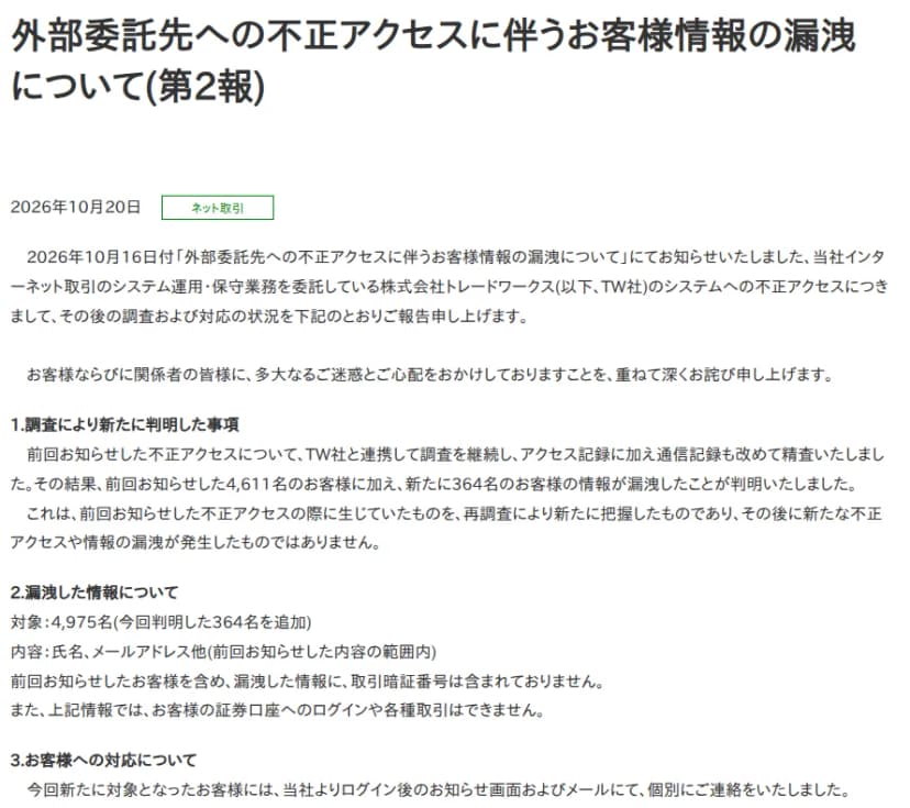 岩井コスモ証券の2026年10月20日のお知らせ「外部委託先への不正アクセスに伴うお客様情報の漏洩について(第2報)」の冒頭。トレードワークスのシステムへの不正アクセスについて調査を続け、アクセス記録に加えて通信記録も精査した結果、前回の4,611名に加えて新たに364名の情報が漏洩したことが判明したこと、新たな不正アクセスや漏洩が発生したものではないこと、漏洩した情報は対象4,975名・氏名、メールアドレス他で、取引暗証番号は含まれず、この情報では証券口座へのログインや取引はできないこと、新たに対象となったお客様にはログイン後のお知らせ画面とメールで個別に連絡したことが書かれている
