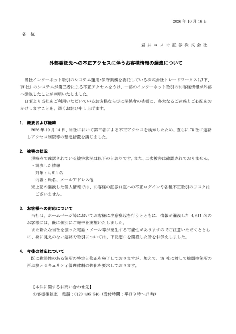 岩井コスモ証券株式会社の2026年10月16日付の文書「外部委託先への不正アクセスに伴うお客様情報の漏洩について」。インターネット取引のシステム運用・保守業務を委託している株式会社トレードワークスのシステムが不正アクセスを受け、一部のインターネット取引のお客様情報が漏洩したこと、2026年10月14日に不正アクセスを検知しTW社に連絡してアクセス制限等の緊急措置を講じたこと、漏洩した情報は対象4,611名・内容は氏名、メールアドレス他で、この情報では証券口座への不正ログインや不正取引のリスクはないこと、二次被害は確認されていないこと、4,611名には既に個別に報告したこと、当社を装った電話・メールへの注意、脆弱性のある箇所の特定と修正を完了しTW社に再点検とセキュリティ管理体制の強化を要求していること、問い合わせ先はお客様相談室 0120-405-546(平日9時〜17時)であることが書かれている