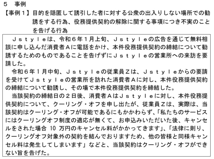 消費者庁の公表資料の「5 事例」の【事例1】。Jstyleが無料相談に申し込んだ消費者Aに電話をかけ、勧誘のためと告げずに営業所へ呼び、その場で契約を結んだこと、契約の2日後のクーリング・オフの申し出に「私たちのサービスにはクーリングオフ制度の適応が無くて、お申込みいただいた後、キャンセルをされた場合10万円のキャンセル料がかかってきます」などと告げたことが書かれている