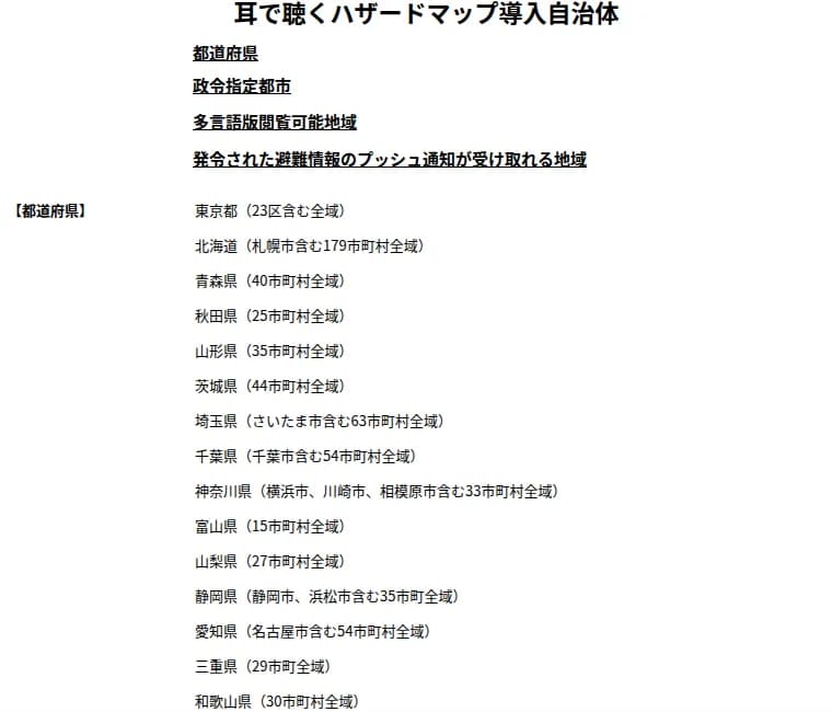 Uni-Voice事業企画のページ。耳で聴くハザードマップ導入自治体として、東京都、北海道、青森県から三重県、和歌山県などの都道府県が市町村数とともに並んでいる