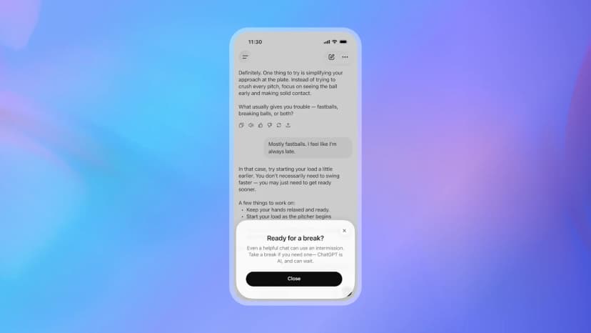 スマートフォンのChatGPT画面。野球の打撃の相談の会話の上に「Ready for a break?」という通知が出ており、AIなので待てるから必要なら休むよう促す英語の文と、Closeのボタンがある