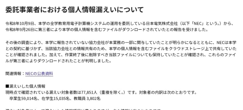 大阪大学のウェブサイトの発表「委託事業者における個人情報漏えいについて」。令和8年10月9日、全学教育用電子計算機システムの運用を委託している日本電気株式会社(NEC)から、令和8年9月26日に第三者により本学の個人情報を含むファイルがダウンロードされていたとの報告を受けたこと、その後の調査で本学に報告されていない協力会社が業務の一部に関与し、NECが契約に基づかず協力会社との情報共有のため個人情報を含むファイルをクラウドストレージ上で共有していたこと、作業終了後に削除すべきファイルも保持していたこと、これらが第三者にダウンロードされたことが書かれている。関連情報としてNECの公表資料へのリンクがあり、漏えい対象者数は77,851人(重複を除く)、内訳は卒業生59,014名、在学生15,035名、教職員3,802名