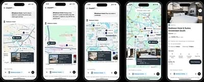 スマートフォンの画面が5つ並ぶ。ChatGPTで@Radisson Hotelsに頼むと、地図つきでアムステルダムのホテルの候補と料金、詳細が出る流れ