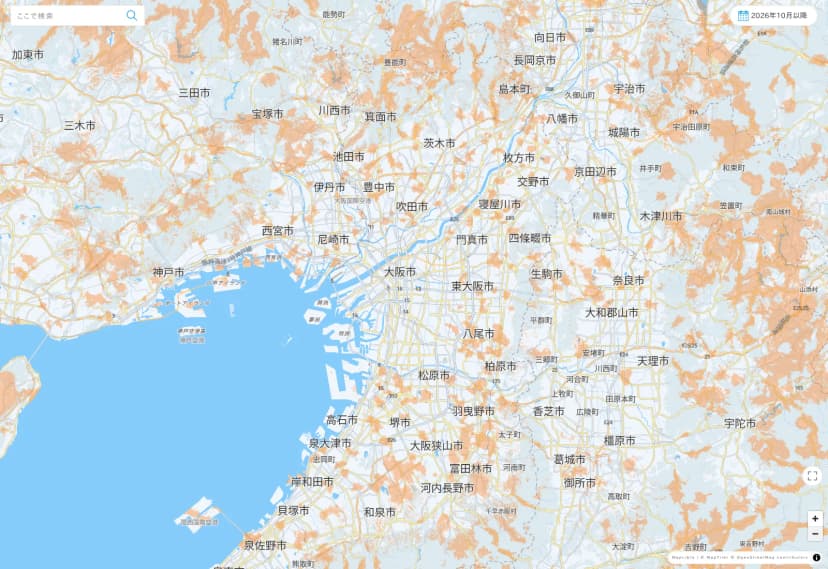 同じ範囲で右上に「2026年10月以降」と出ている地図。オレンジ色の範囲は9月末時点より大きく減り、まだらに残っている。北の能勢町・猪名川町のあたりや、右の奈良県東部の宇陀市・山添村のあたりには、まとまって残っている