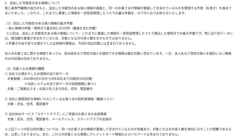 佐川急便の第5報の「流出した可能性のある情報について」の部分。個人情報の件数は現時点で最大約5,323万件(重複を含む件数)で、送り状データには相当数の重複が含まれ実人数を示すものではないこと、手書きの送り状は対象外であること、対象となる情報として、2026年6月21日から9月30日までの送り状データ(依頼主と届け先の氏名、住所、電話番号)、運賃契約の契約者情報(氏名、住所、電話番号)、スマートクラブの会員情報(氏名、住所、電話番号、メールアドレス、会員ID)、クレジットカード情報とパスワードは含まれないことが書かれている