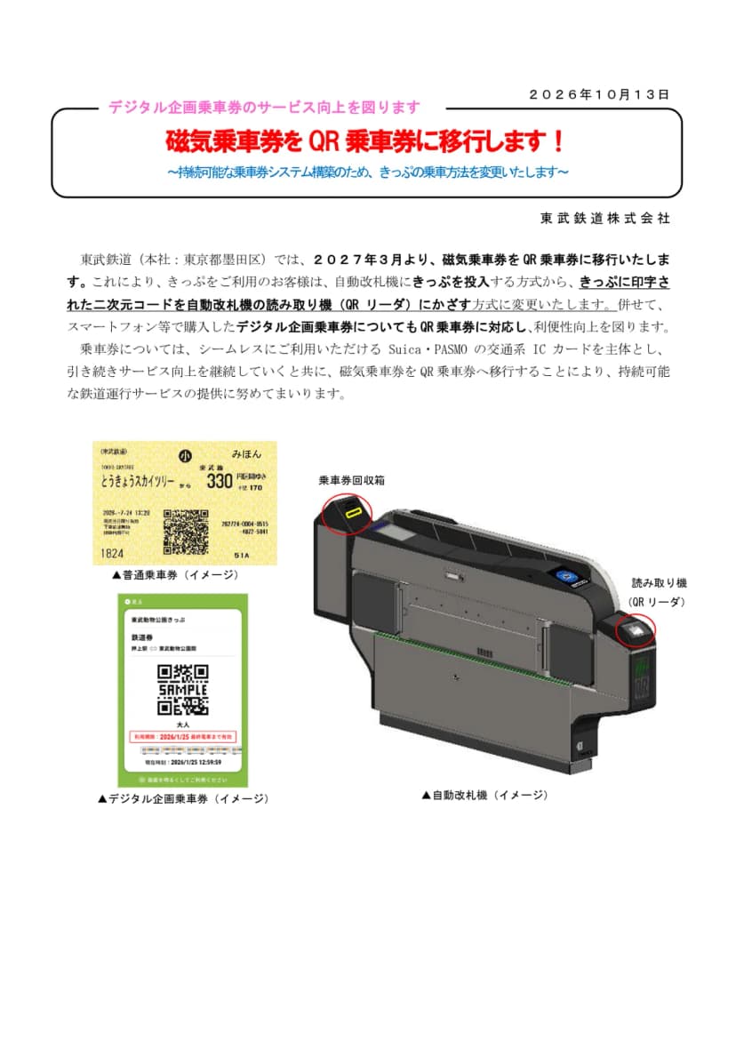 東武鉄道の2026年10月13日の発表資料の1ページ目。磁気乗車券をQR乗車券に移行するとして、二次元コードを印字した普通乗車券とデジタル企画乗車券、QRリーダと乗車券回収箱の付いた自動改札機のイメージが載っている