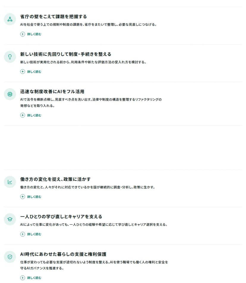 チームみらいの特設サイトの提言の部分。1つ目の柱の項目として、省庁の壁をこえて課題を把握する、新しい技術に先回りして制度・手続きを整える、迅速な制度改善にAIをフル活用(AIで法令を横断点検し見直すべき点を洗い出す)。2つ目の柱の項目として、働き方の変化を捉え政策に活かす、一人ひとりの学び直しとキャリアを支える、AI時代にあわせた暮らしの支援と権利保護(仕事が変わっても必要な支援が途切れないよう制度を整え、AIを使う職場でも働く人の権利と安全を守るAIガバナンスを推進する)が、それぞれ説明の文とともに並んでいる