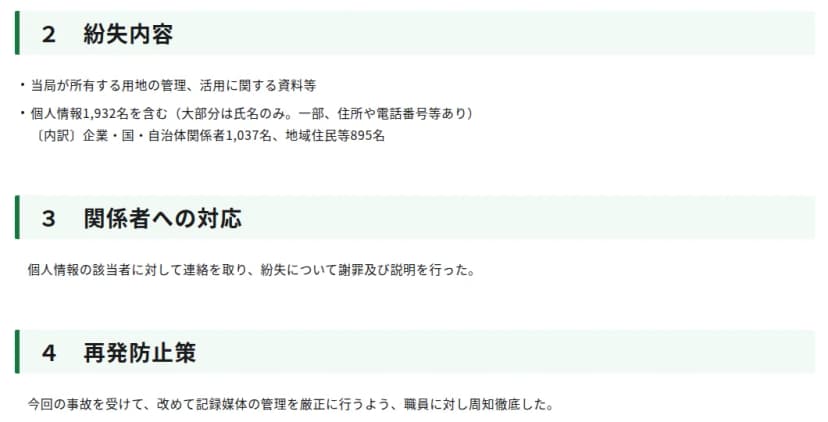 東京都の報道発表資料の一部。2 紛失内容として、当局が所有する用地の管理、活用に関する資料等、個人情報1,932名を含む(大部分は氏名のみ。一部、住所や電話番号等あり)、内訳は企業・国・自治体関係者1,037名、地域住民等895名。3 関係者への対応として、個人情報の該当者に連絡を取り、紛失について謝罪及び説明を行った。4 再発防止策として、改めて記録媒体の管理を厳正に行うよう職員に周知徹底した、と書かれている