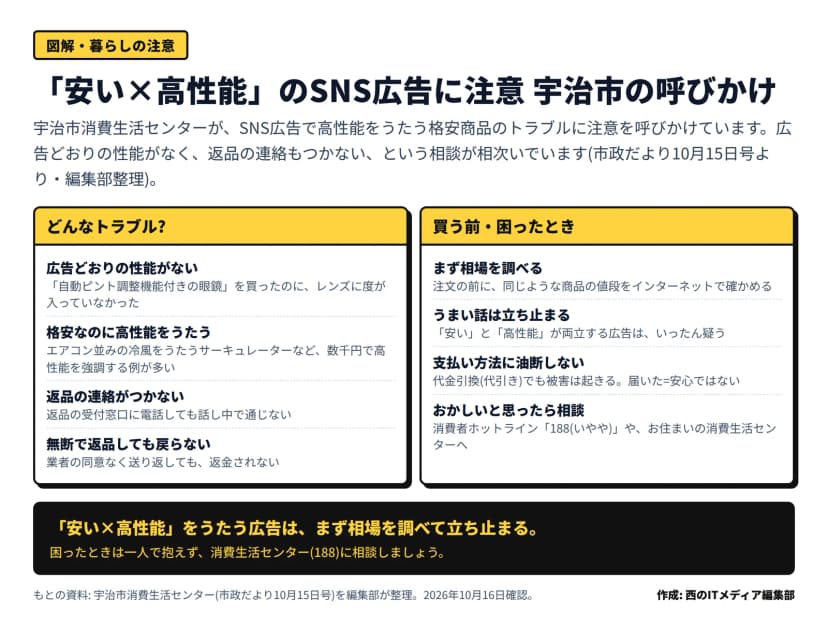 2区画の図。左『どんなトラブル?』=広告どおりの性能がない(度の入っていない眼鏡)、格安なのに高性能をうたう(エアコン並みのサーキュレーター)、返品の連絡がつかない、無断で返品しても戻らない。右『買う前・困ったとき』=まず相場を調べる、うまい話は立ち止まる、支払い方法に油断しない(代引きでも被害)、おかしいと思ったら消費者ホットライン188に相談
