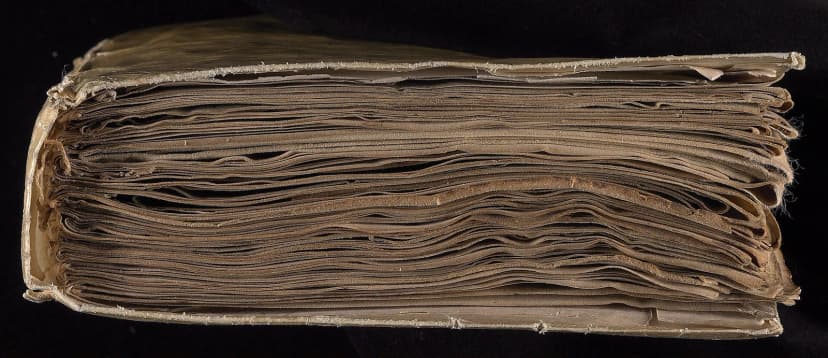 古い手書きの本を上の小口の側から写した写真。黒い背景の上に、薄茶色の羊皮紙の紙が何層にも重なり、ところどころ束ごとにすき間がある。表紙は柔らかい皮で、端がすり切れている
