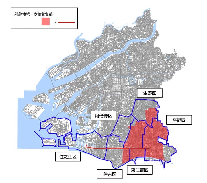 大阪市の地図。市の東南部の生野区・阿倍野区・平野区・東住吉区・住吉区にまたがる範囲が赤く塗られ、住之江区から住吉区にかけての道路に沿って赤い線が引かれている