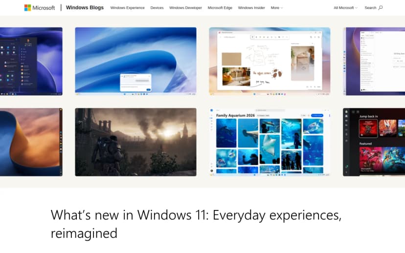 Microsoft Windows Blogsの記事。複数のWindows 11画面のモンタージュの下に、見出しWhat's new in Windows 11: Everyday experiences, reimagined