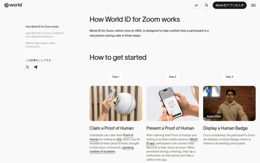 Worldのブログ記事の「How World ID for Zoom works」の部分。Step 1はOrbと呼ばれる球形の機械にスマホをかざす写真とClaim a Proof of Human、Step 2はスマホのアプリ画面の写真とPresent a Proof of Human、Step 3は会議の映像にバッジの印が付いた写真とDisplay a Human Badgeの説明が並んでいる