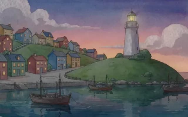 灯台のある港町の水彩画風のイラスト(動画のコマ)