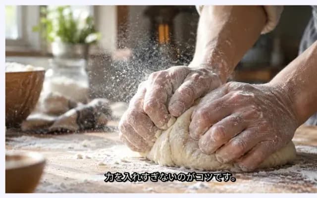 パンをこねる手元の動画に字幕が重なったコマ
