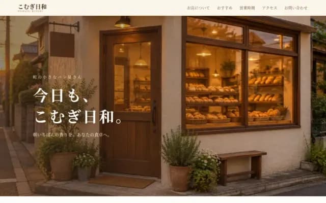 クリーム色と茶色でまとめた、架空のパン屋「こむぎ日和」の Web サイトの画面