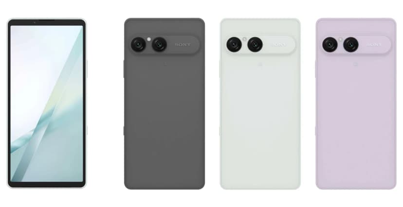 Xperia 10 VIIIが4台並ぶ。左の1台は正面で、縦に長い画面に淡い水色と緑の模様の壁紙が映る。右の3台は背面で、左からグレー、ホワイト、ライラックの3色。どれも上部の横長の出っ張りに丸いカメラが2つ並び、その右にSONYの文字がある