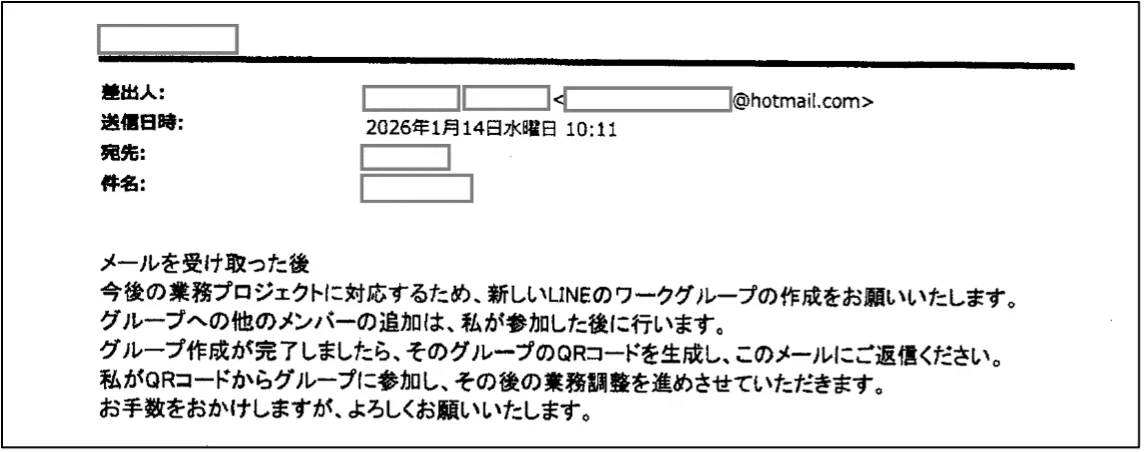 差出人や宛先、件名が灰色の枠で隠されたメールの画面。2026年1月14日に送られ、業務のためLINEのワークグループを作り、QRコードを返信するよう求める文面