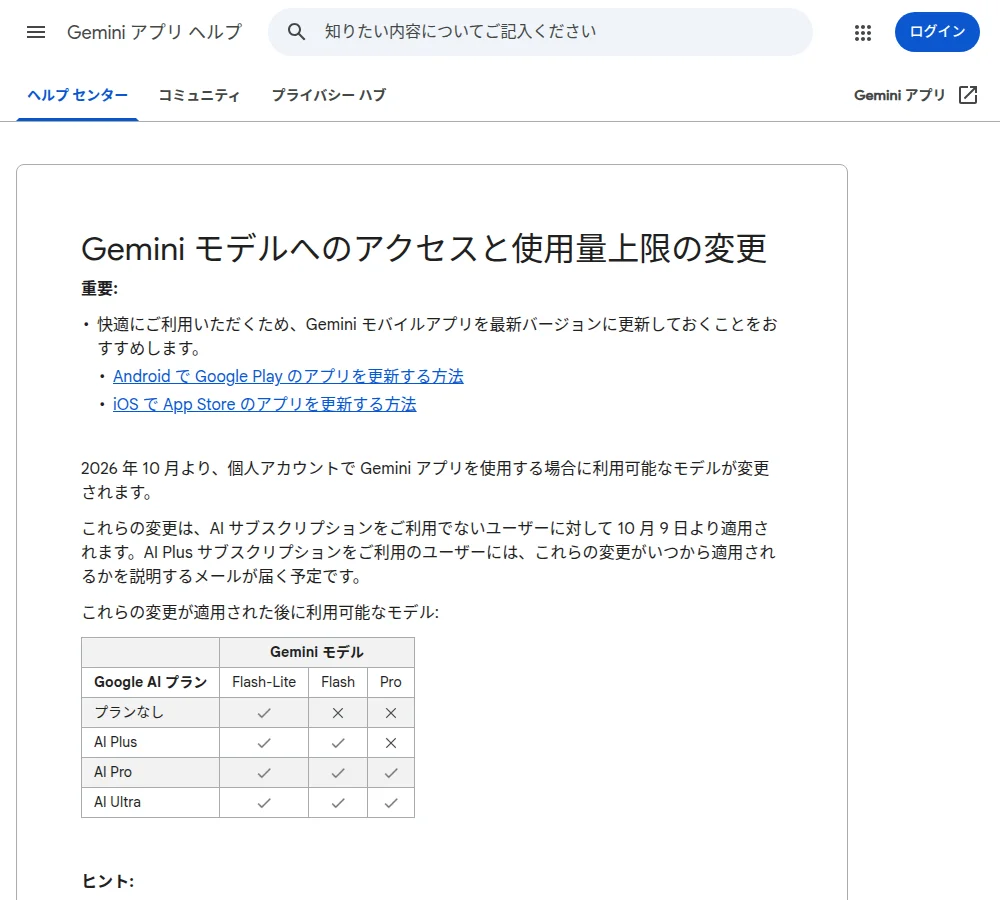 Geminiアプリ ヘルプ「Gemini モデルへのアクセスと使用量上限の変更」の画面。変更は10月9日から適用されるという説明と、プランなし・AI Plus・AI Pro・AI UltraごとにFlash-Lite・Flash・Proが使えるかを印で示した表。プランなしはFlash-Liteだけに印がある