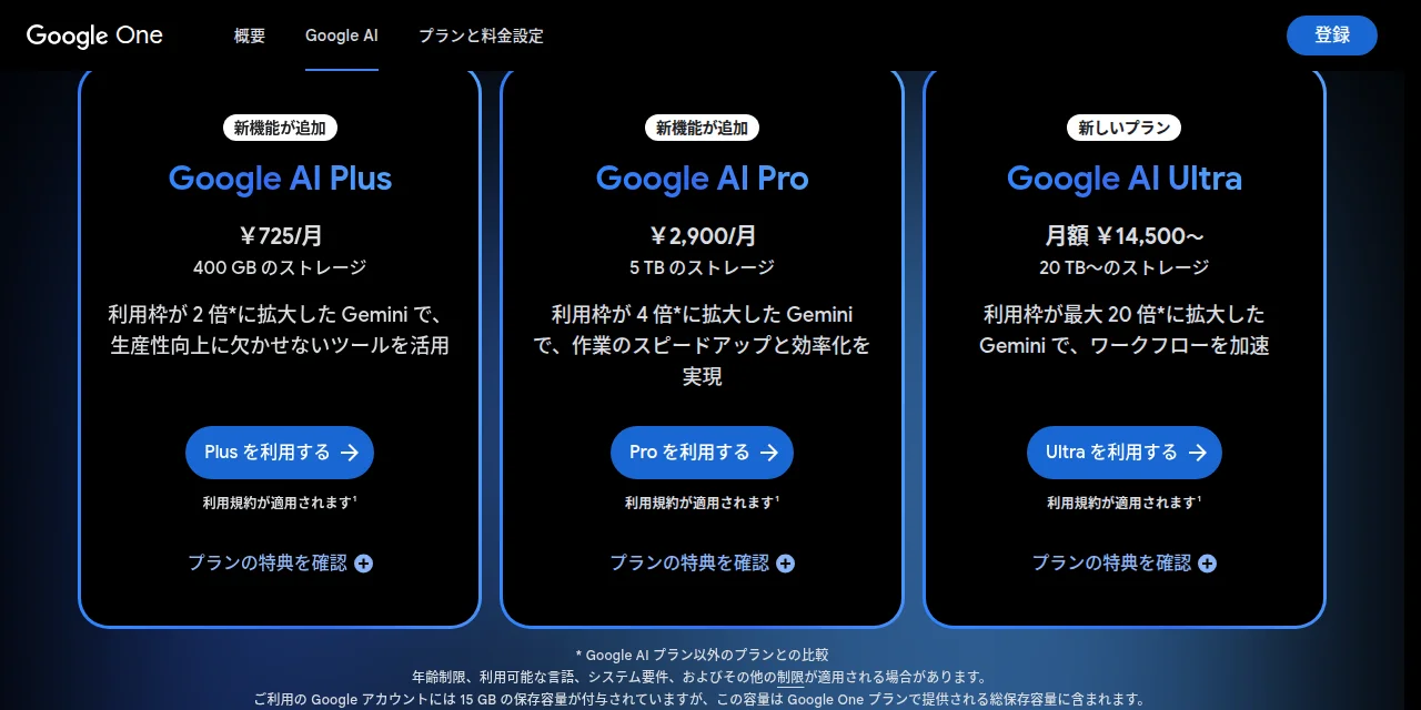 黒い背景に3枚の札が並ぶGoogle Oneの料金ページ。Google AI Plusは月725円で400GB、Google AI Proは月2,900円で5TB、Google AI Ultraは月額14,500円からで20TBからのストレージ。それぞれに利用枠の説明と申し込みのボタン