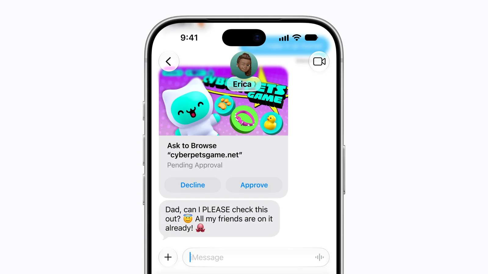 iPhoneのメッセージの画面。子どもからゲームのサイトを見たいという「Ask to Browse」の依頼が届き、「Decline(拒否)」と「Approve(承認)」のボタンが並んでいる
