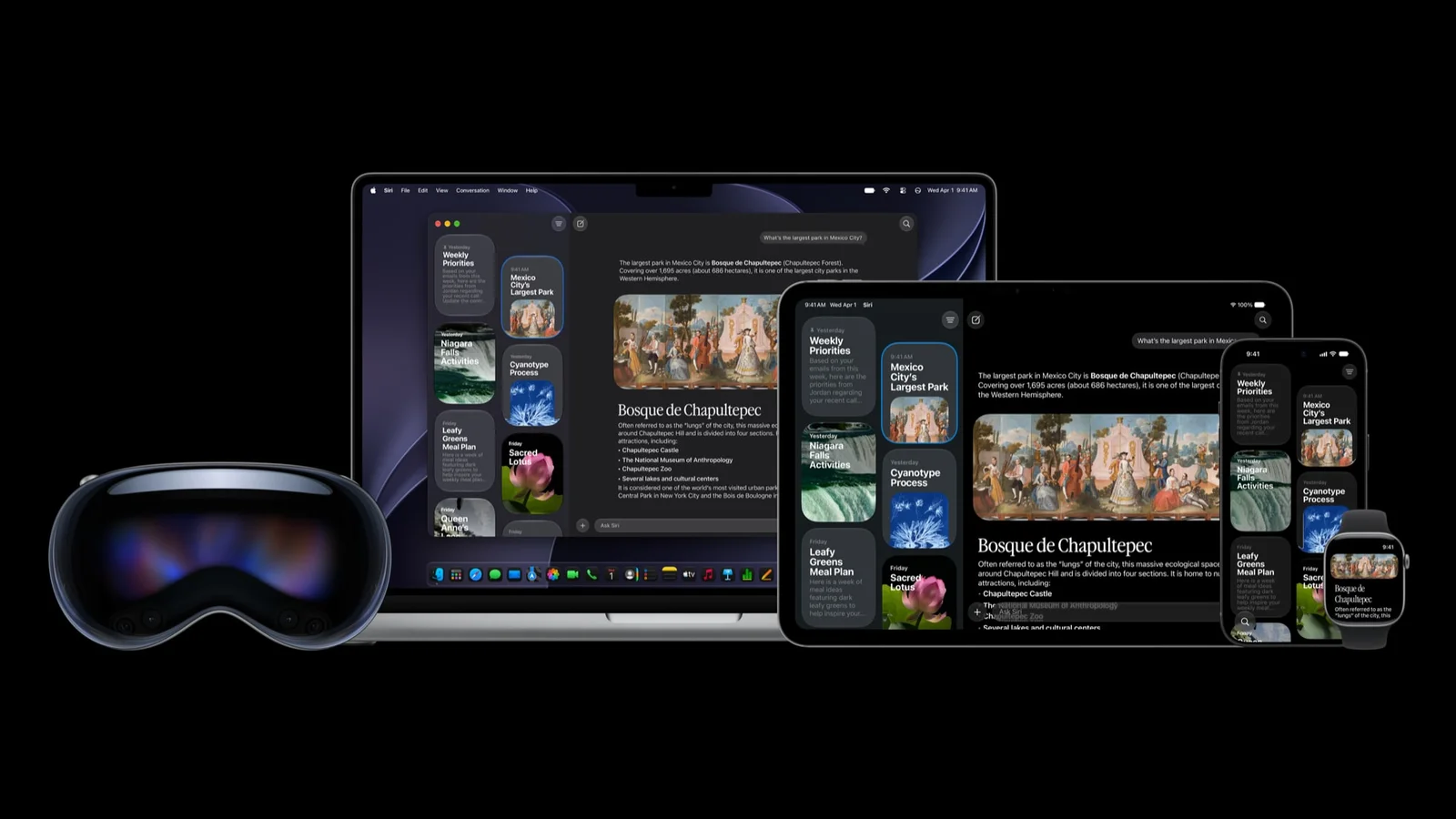 黒い背景に、Apple Vision Pro、MacBook、iPad、iPhone、Apple Watchが並ぶ。Mac・iPad・iPhone・Apple Watchの画面にSiriアプリが開き、話題ごとのカードと、メキシコシティの公園についての回答が英語で表示されている