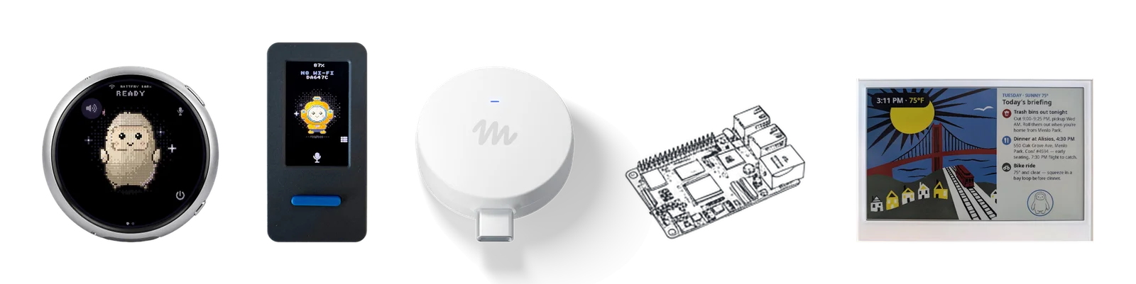 左から、丸い画面にキャラクターが映る端末、小さな縦長の画面の端末、白い円形のMuse Home Link、Raspberry Piのボードの線画、天気と予定を映す電子ペーパーの表示