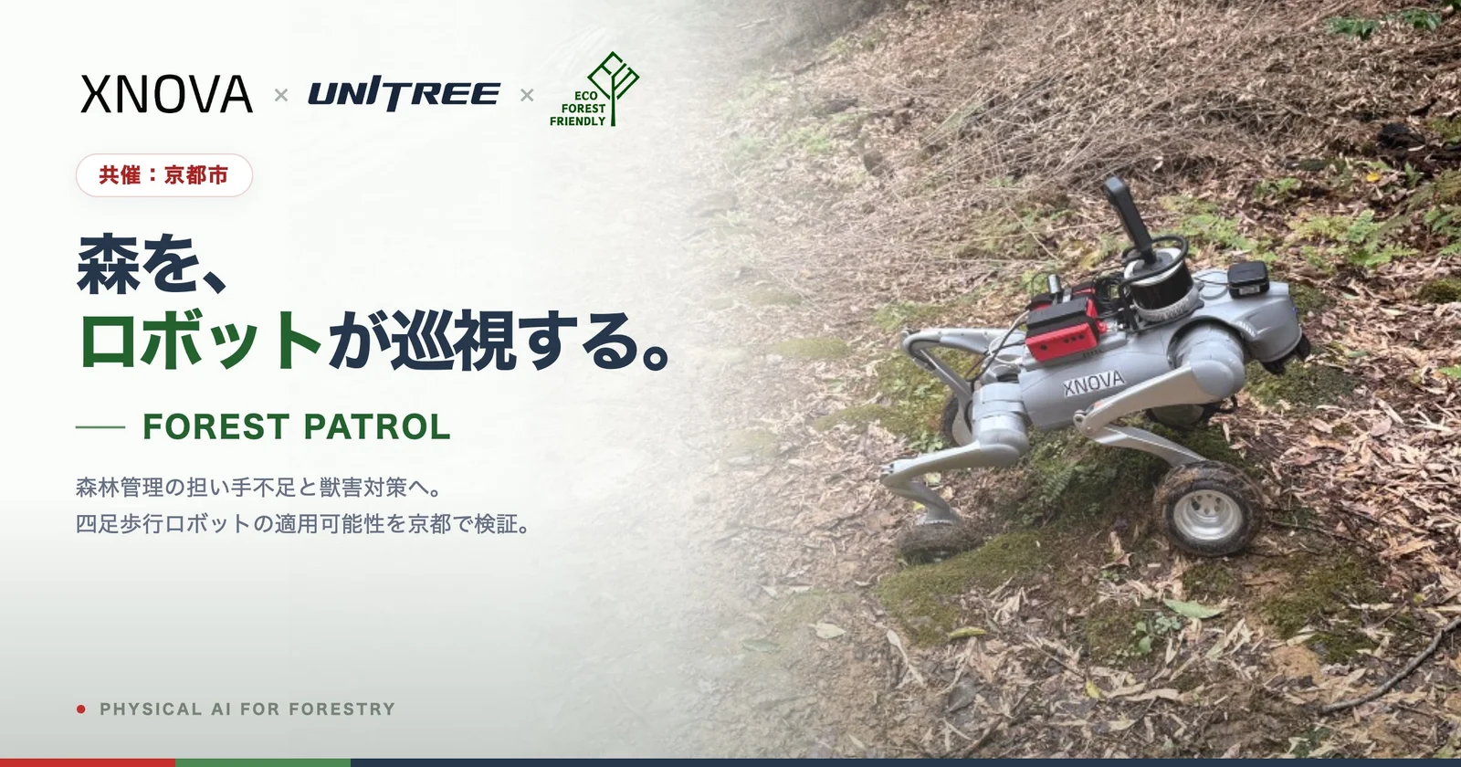 落ち葉の積もった森林の斜面を進む四足歩行ロボット。左に3社の名前と「森を、ロボットが巡視する。」の文字